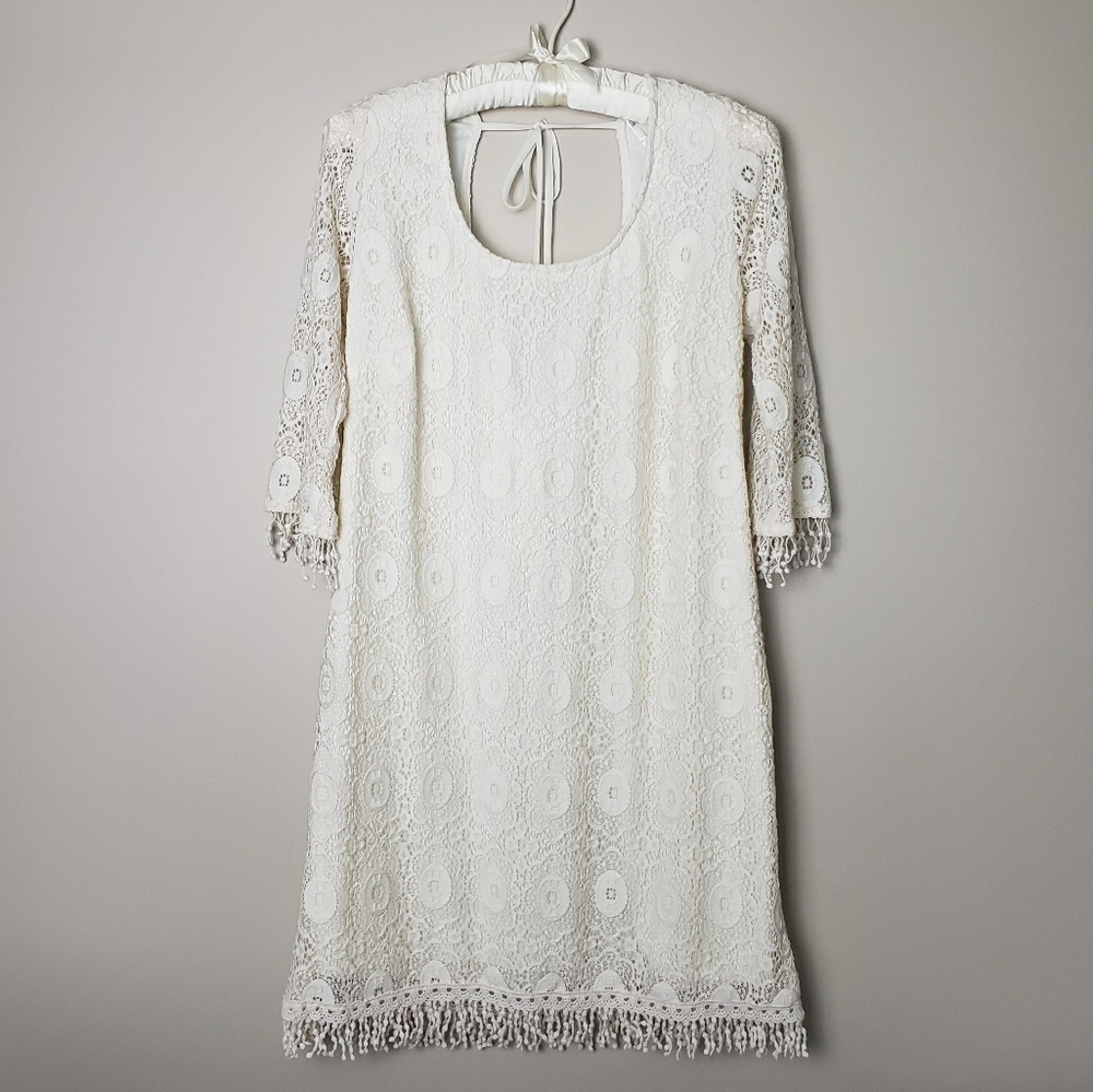 Cream Crochet Lace Mini Dress Fringe Size 11/12 70s Vibes